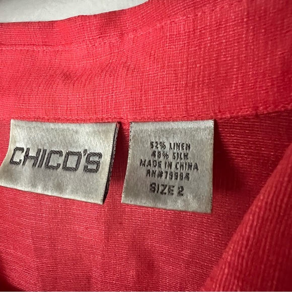 Chico’s Silk Linen Button Down Shirt Large 12 Pink Red Quiet Luxury Coastal Chic - Picture 2 of 9